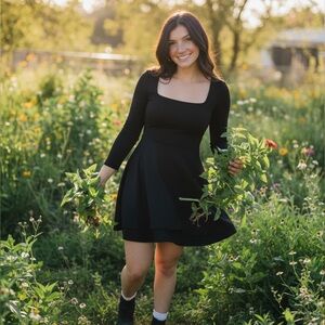 Black Square Neck Ruched Long Sleeve Mini Dress Double Layer Skirt Size M